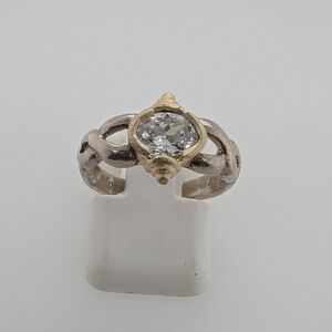 Vintage Style Sterling Silver CZ Ring w/ Gold Plated Details/Engagement Ring